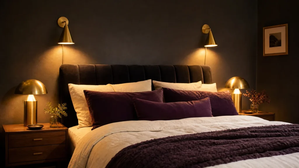 Plug-in brass wall sconces and brass table lamps glowing against a charcoal bedroom wall