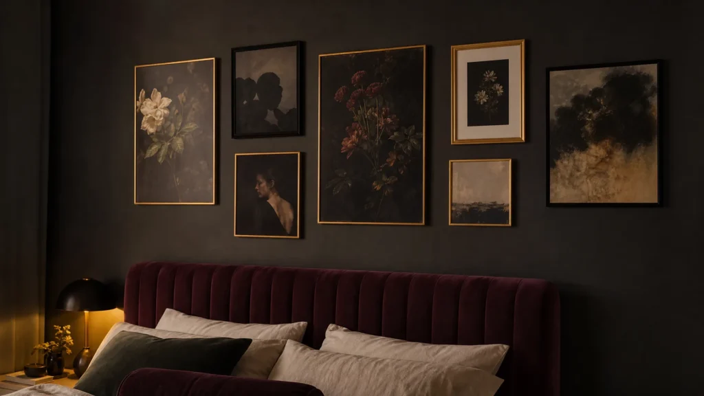 Charcoal bedroom wall with black, brass and gold frames spaced apart around moody botanical art