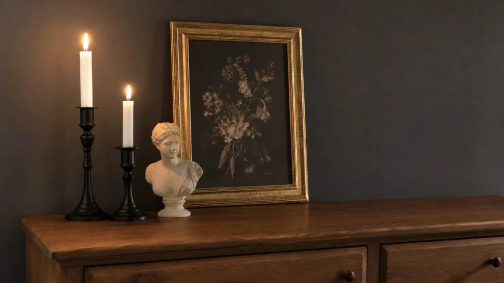 Dresser styled with two black candlesticks, a small plaster bust and an antique gold frame
