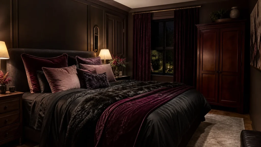 Bed layered with black satin, burgundy velvet, plum pillows and a dark faux-fur throw