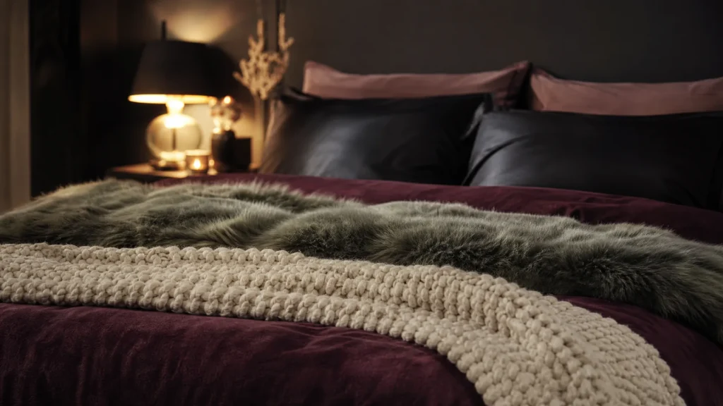 Velvet duvet with a faux-fur throw, chunky knit blanket and silk pillowcases