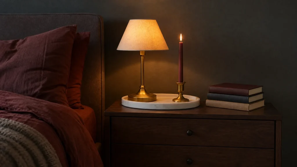 Dark wood nightstand with a marble tray, stacked books, a brass lamp and a lit taper candle