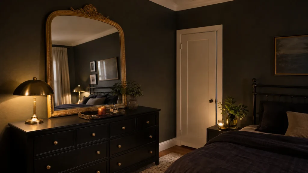 Ornate arched gold-framed mirror on a black dresser reflecting warm lamplight