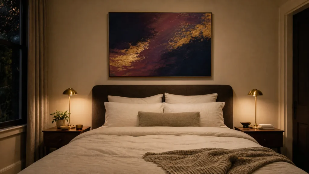One oversized abstract painting in indigo, plum and gold centered above a bed