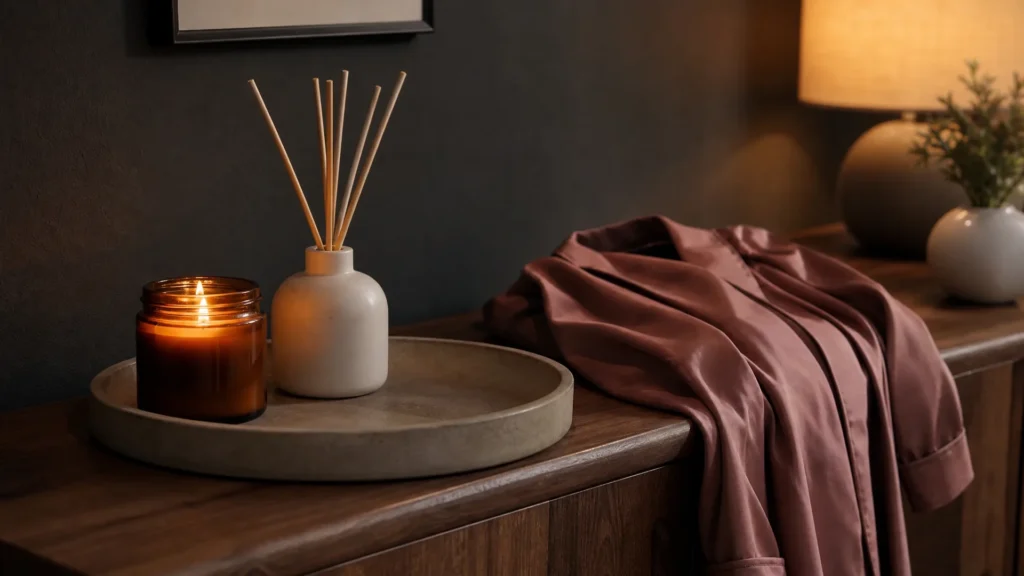 Tray with an amber candle and reed diffuser beside a folded dusty-rose silk robe