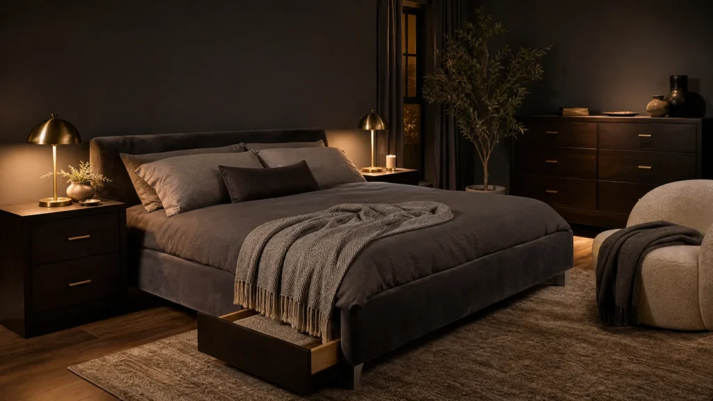 Dark walnut nightstands, an espresso dresser and a curved boucle chair in a charcoal bedroom