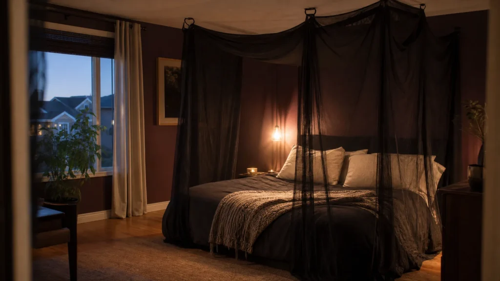Black sheer fabric draped from ceiling hooks to make a canopy over a bed