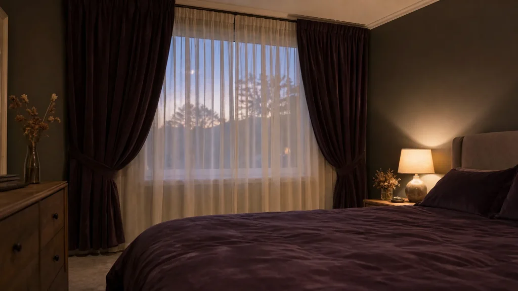 Ivory sheer curtains layered under plum velvet drapes beside a plum velvet duvet