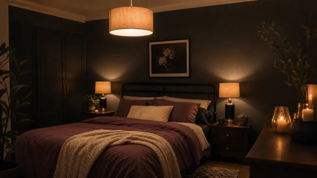 Dark bedroom lit by a dimmed ceiling pendant, fabric-shade bedside lamps and candles