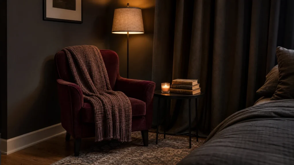 Burgundy velvet armchair with a knit throw, a candle and books beside a floor lamp