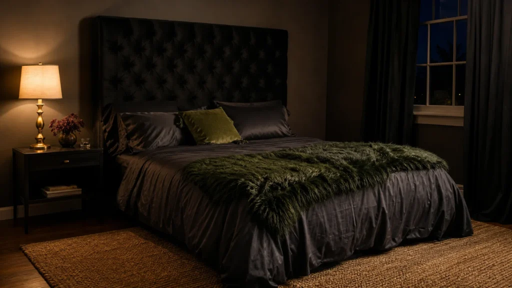 Dark feminine bedroom ideas start with a tall black tufted velvet headboard and an emerald faux-fur throw