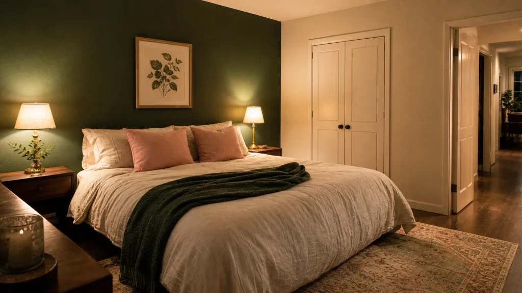 Bedroom with one matte forest-green accent wall behind a bed with cream linen bedding and blush pillows