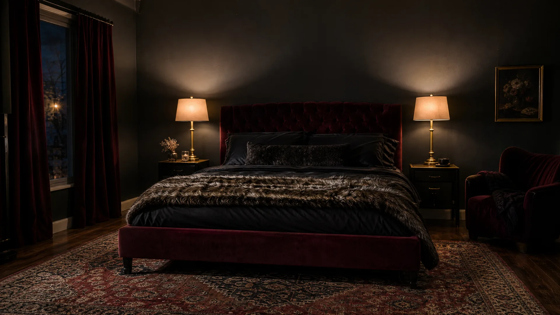 Dark feminine bedroom ideas in one room: a burgundy velvet bed, charcoal walls, brass lamps and a vintage rug