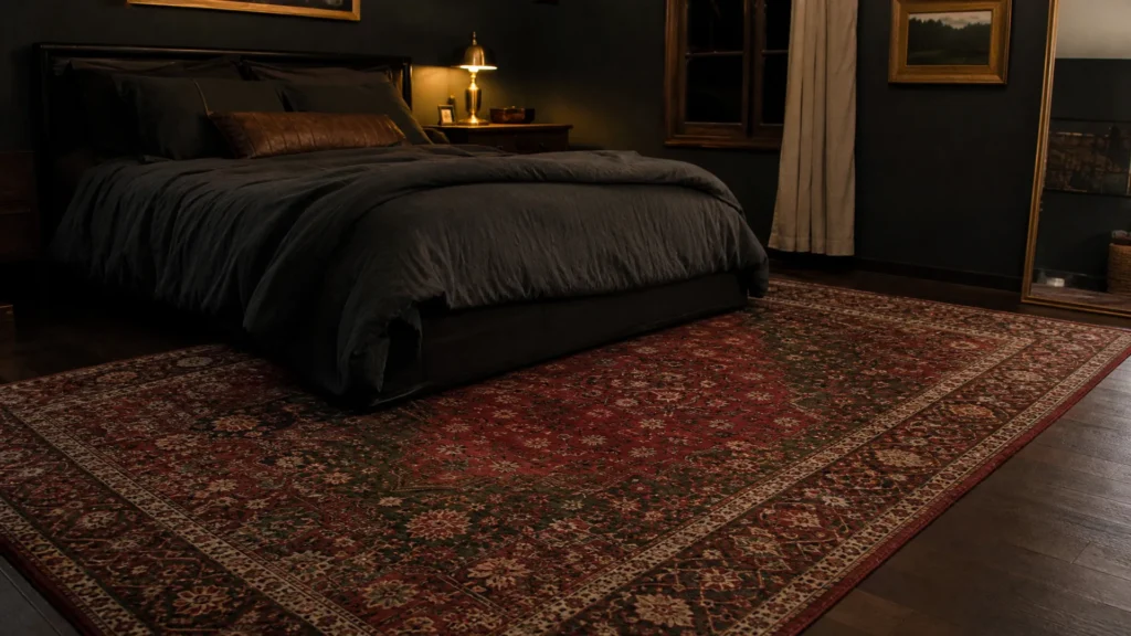 Ruby and emerald vintage-style rug under a bed with charcoal bedding