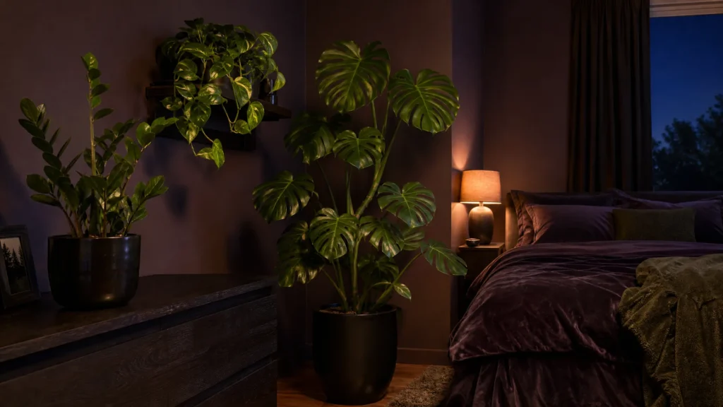 Plum bedroom with a monstera, a ZZ plant and trailing pothos in black and dark ceramic pots