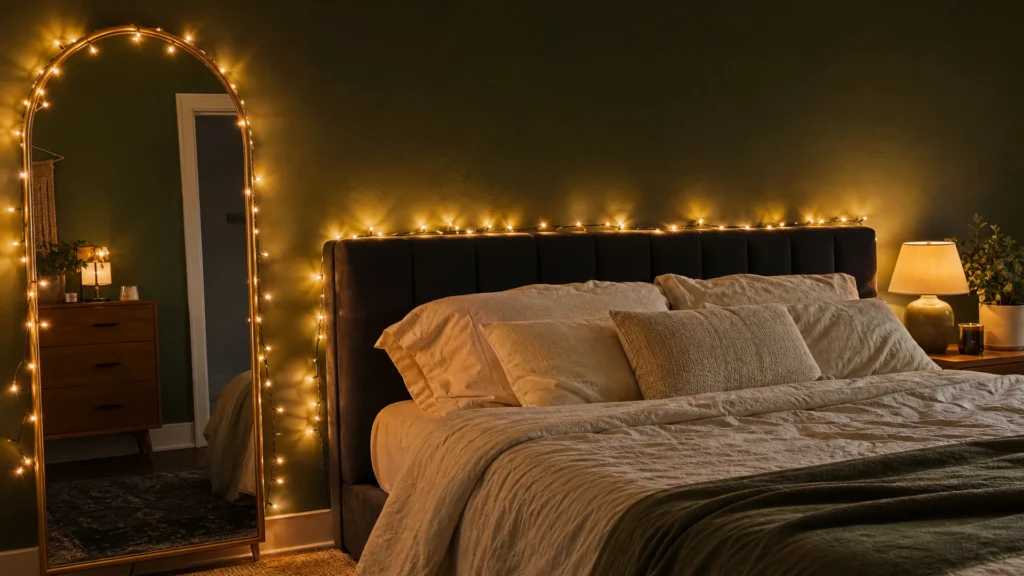 Warm-white fairy lights along a velvet headboard and around an arched mirror in a dark green bedroom