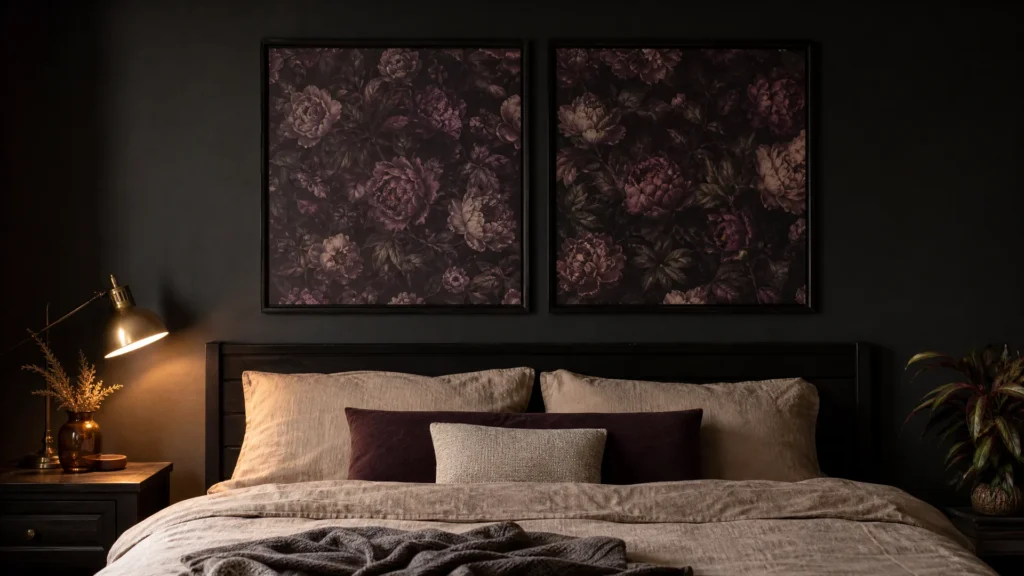 Two framed panels of dark peony wallpaper above a bed with linen bedding