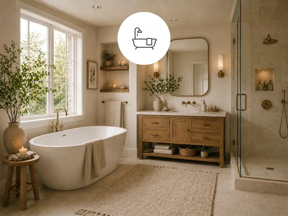 Spa-style bathroom with neutral tile and simple decor