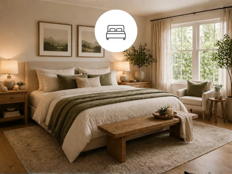 Neutral bedroom with layered bedding and warm wood accents