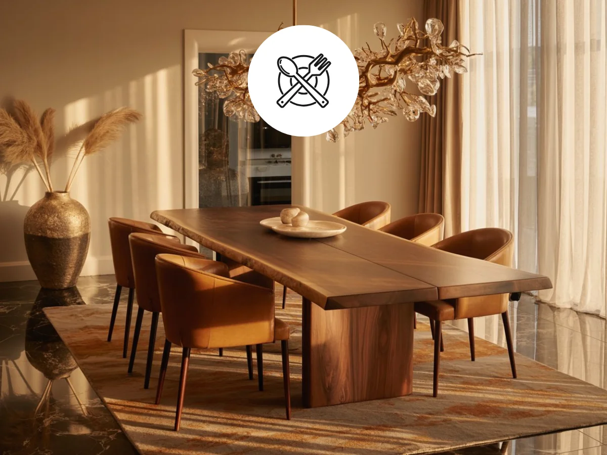 Dining room with a wooden table, upholstered chairs and pendant light