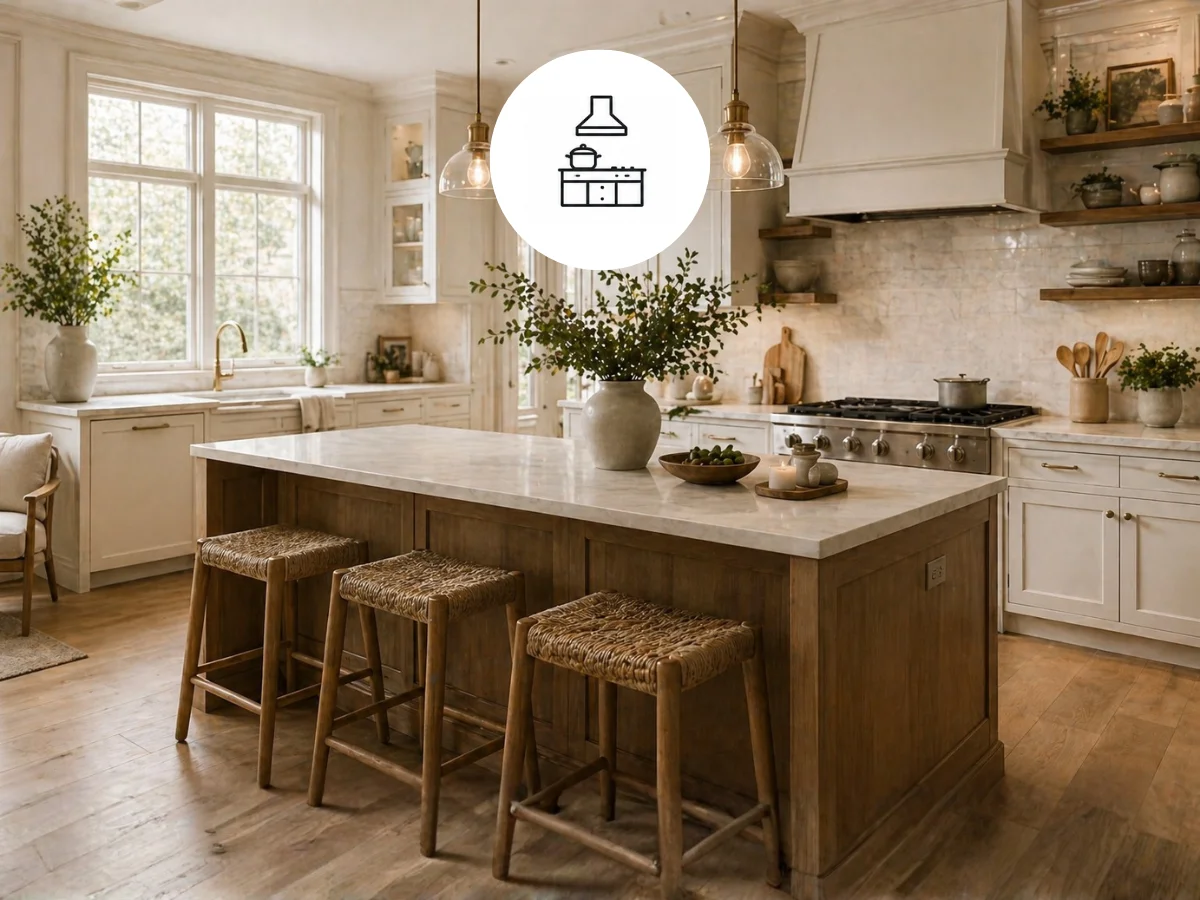 Modern kitchen with light cabinetry and open shelving