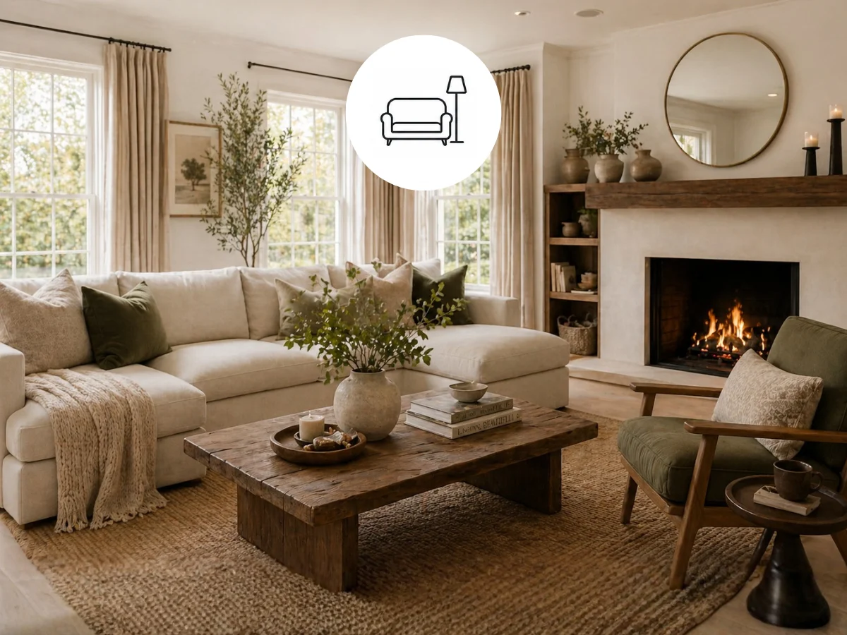 Bright living room with a linen sofa and styled coffee table