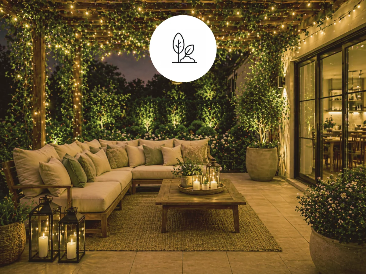 Cosy outdoor patio with seating and potted plants