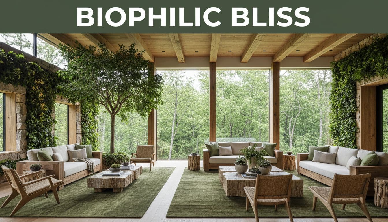 Wide-angle view of a luxurious living room embracing biophilic design with lush climbing plants, a large indoor tree, natural stone accents, wooden beams, and floor-to-ceiling windows offering a serene forest view, illuminated by bright natural light in greens and earth tones.
