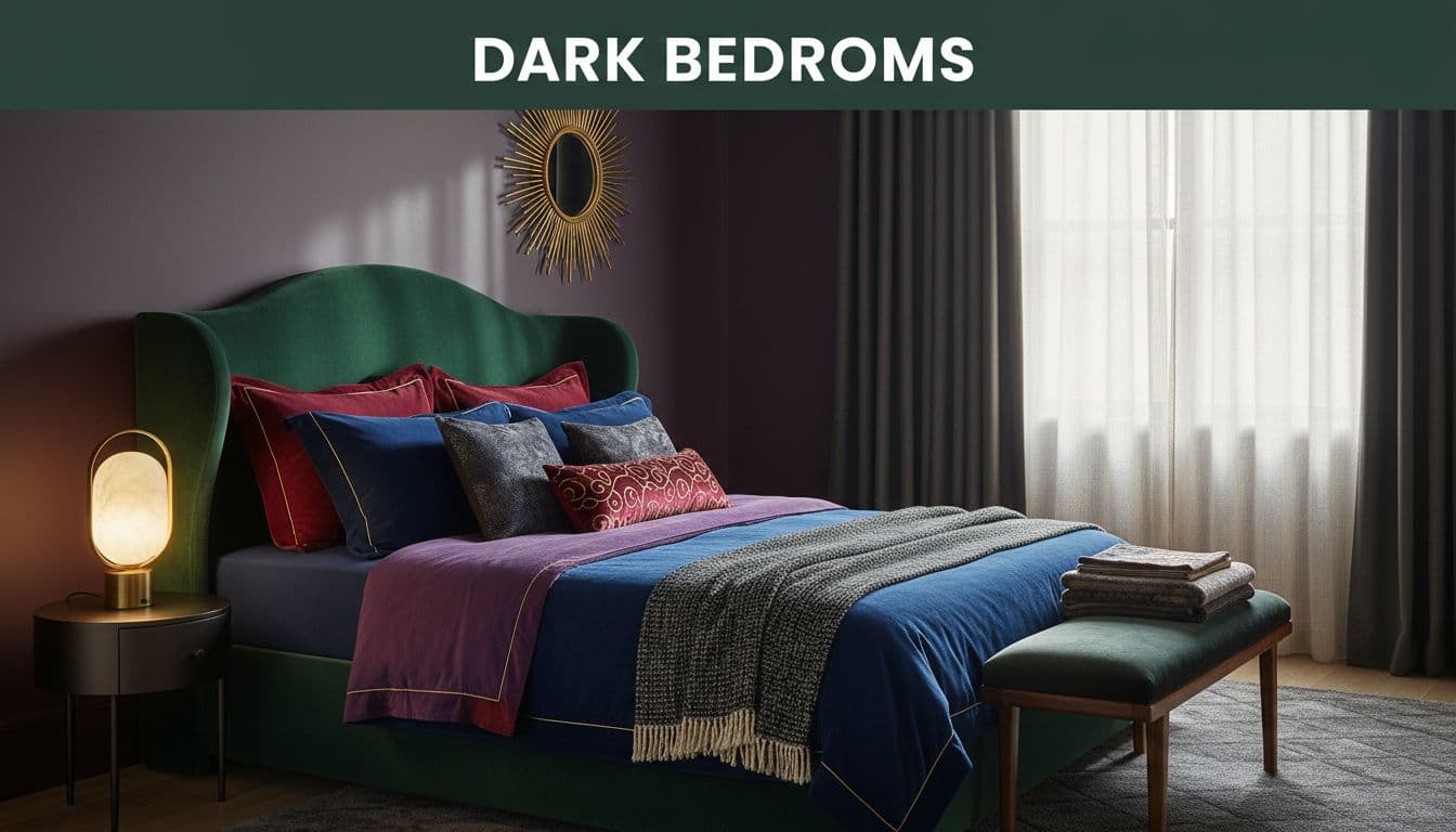 Moody dark feminine bedroom with deep velvet bedding in jewel tones, gold accents, curved headboard, layered curtains, and ambient lighting in high-end magazine style.