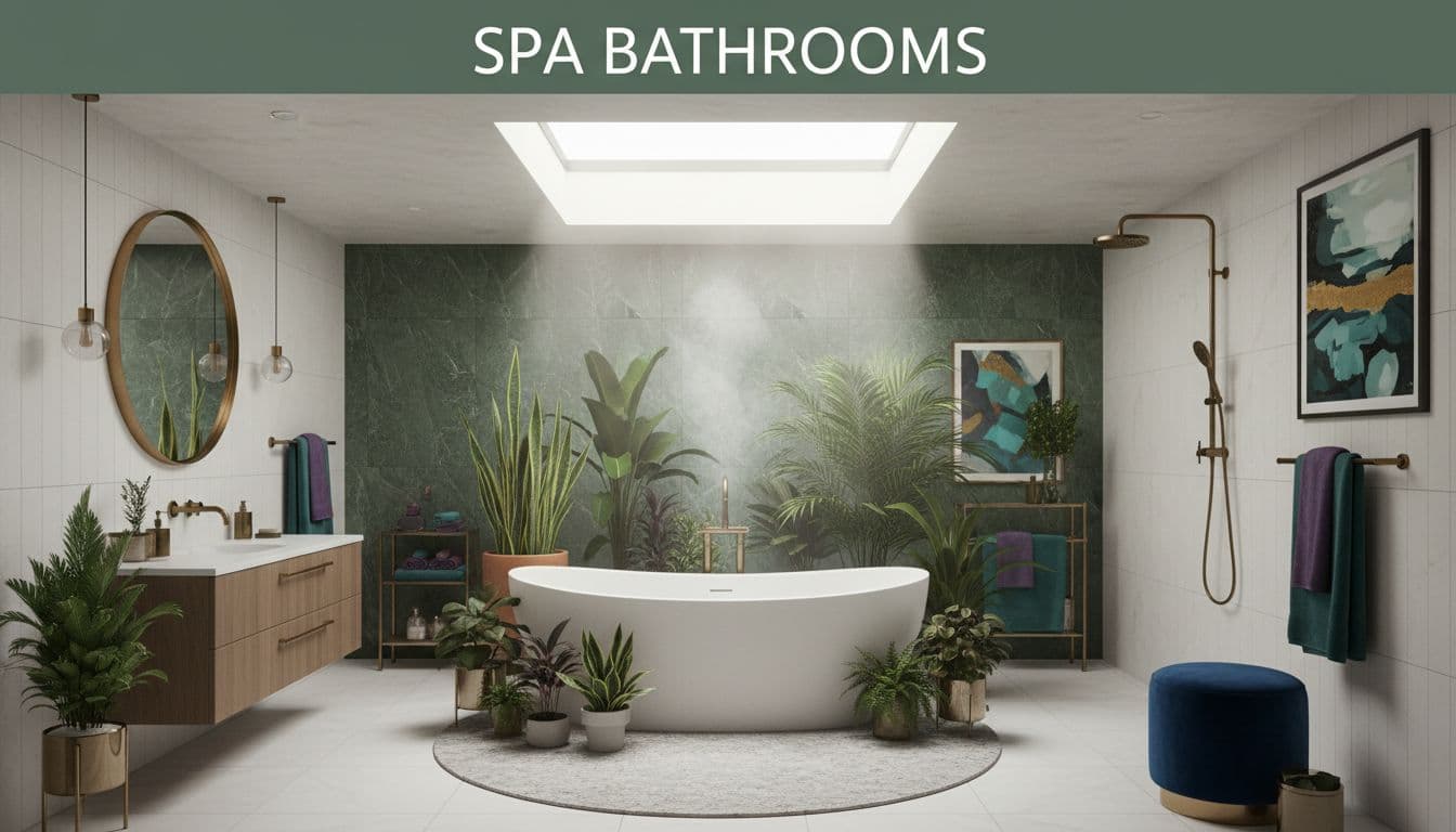 An elegant spa-like bathroom features green marble walls, a freestanding tub surrounded by lush plants, modern brass fixtures, white tiles, and soft steam elements under bright skylight.