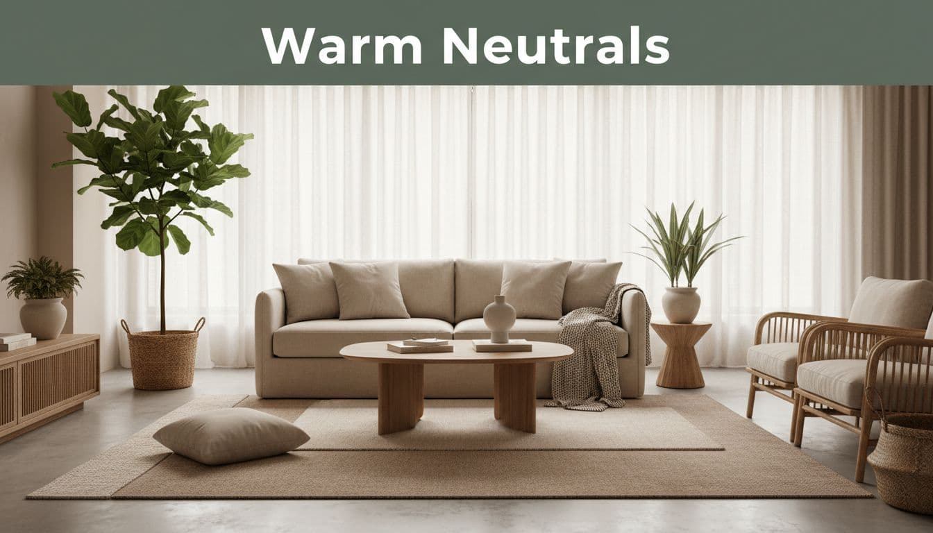 Home decor trends 2026: cozy neutral living room with a beige linen sofa, natural-material coffee table, layered wool rugs in taupe and cream, potted plants and sheer-curtained windows