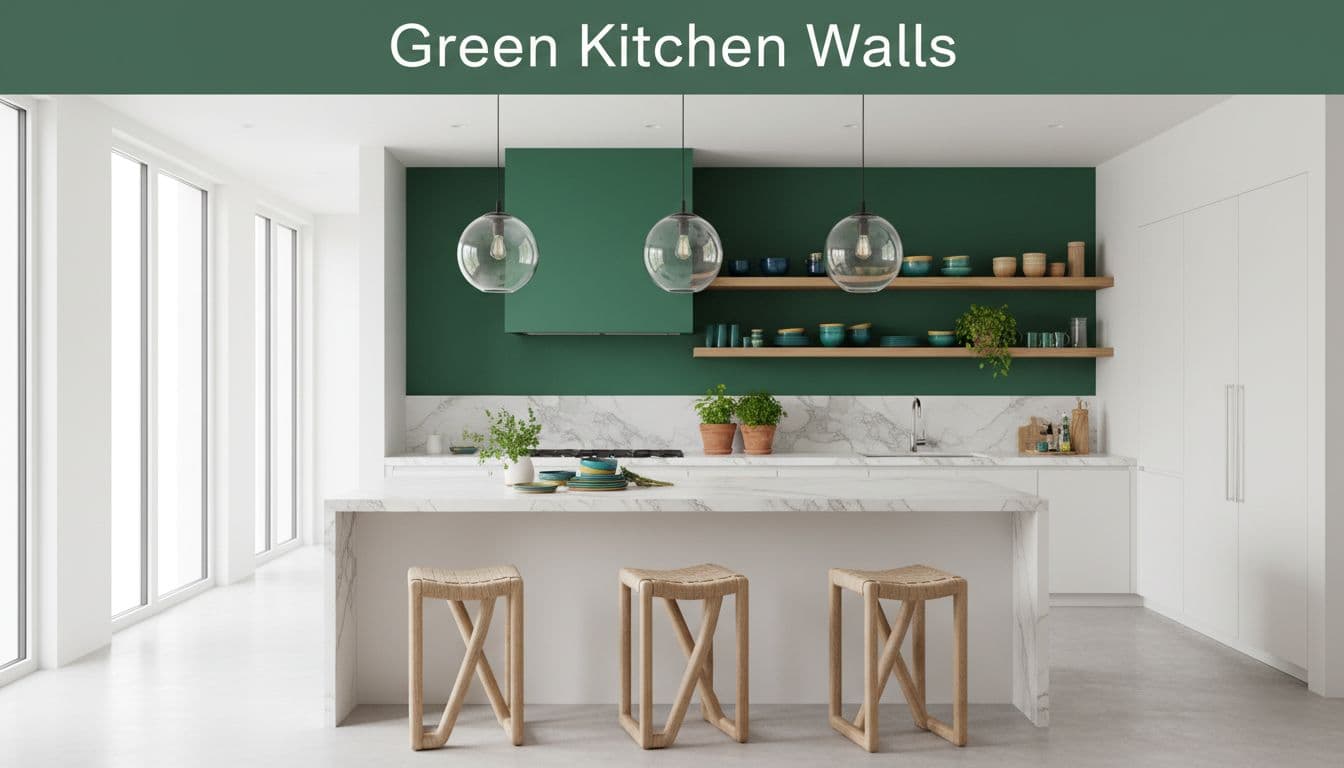 Bright white kitchen with vibrant green accent wall, modern cabinets, marble counters, potted herbs, sculptural stools, and natural light in high-end realistic magazine photography style.