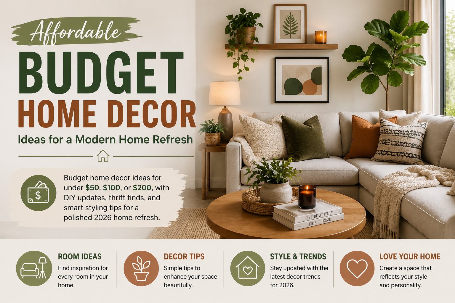 Modern cozy living room with neutral sofa, indoor plants, wooden furniture, and stylish budget-friendly decor ideas featuring DIY updates, thrift finds, and affordable home styling inspiration for a modern 2026 home refresh.