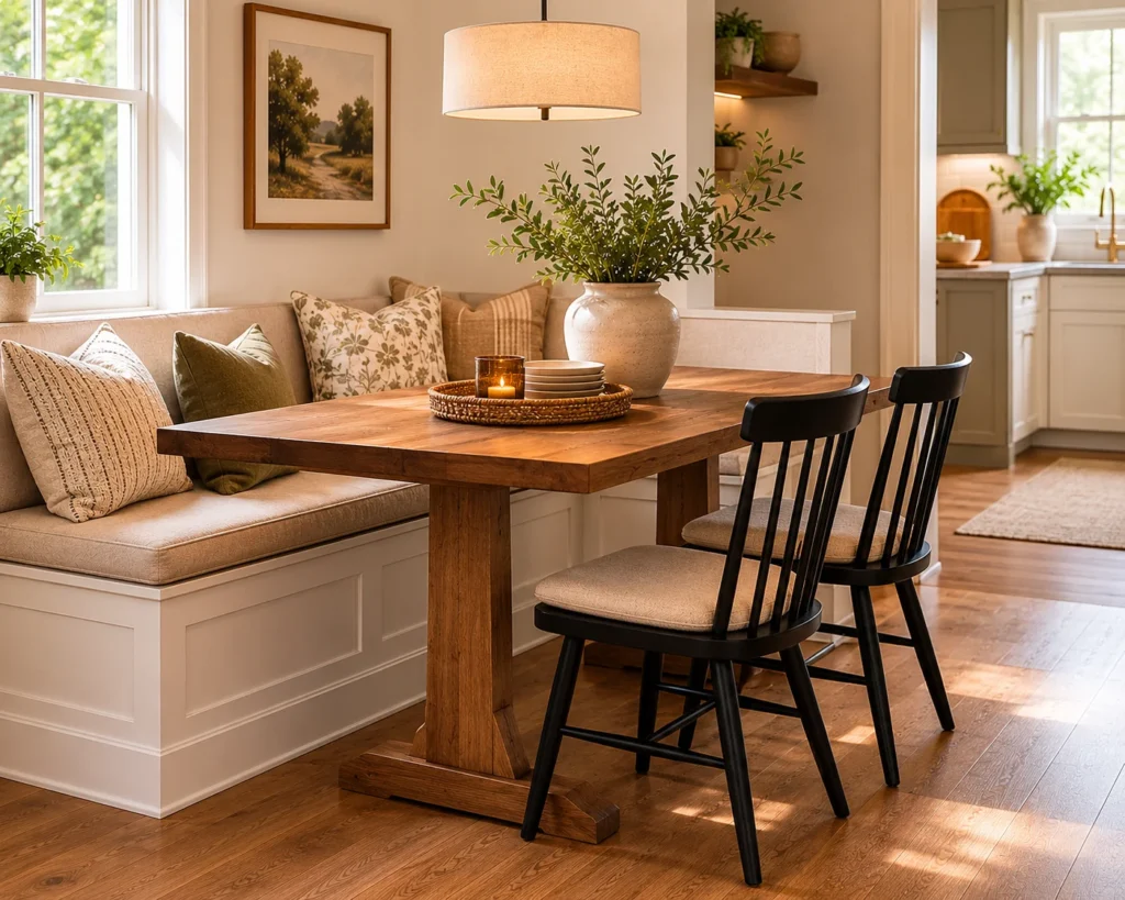 Cozy farmhouse breakfast nook with a built-in upholstered banquette seating in beige, floral and striped throw pillows, a rustic wood trestle dining table, two black Windsor chairs, and a stone vase centerpiece under a linen drum pendant light