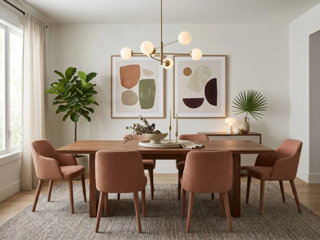 Modern dining room with a walnut rectangular table, six terracotta upholstered barrel chairs, a gold multi-globe chandelier, two large abstract art prints in wood frames, a fiddle leaf fig plant, and a eucalyptus centerpiece on a jute rug
