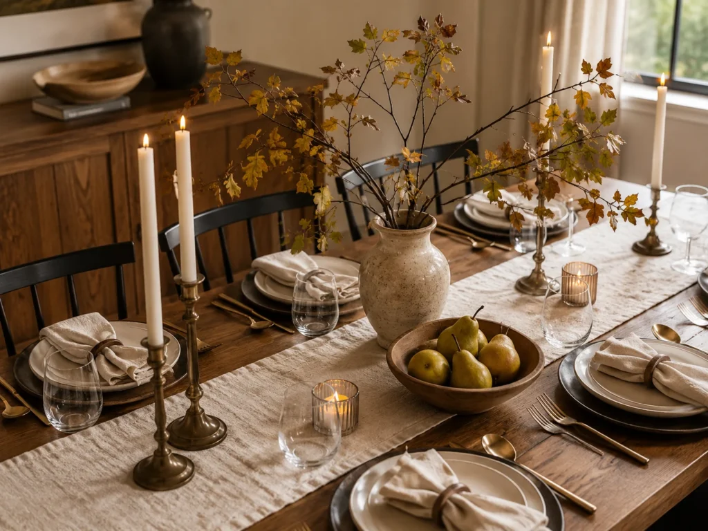 Rustic autumn dining table setting with brass candlesticks holding tall white taper candles, a stone vase filled with golden fall branches, a wooden bowl of green pears, linen napkins with leather rings, and gold flatware on a reclaimed wood farm table