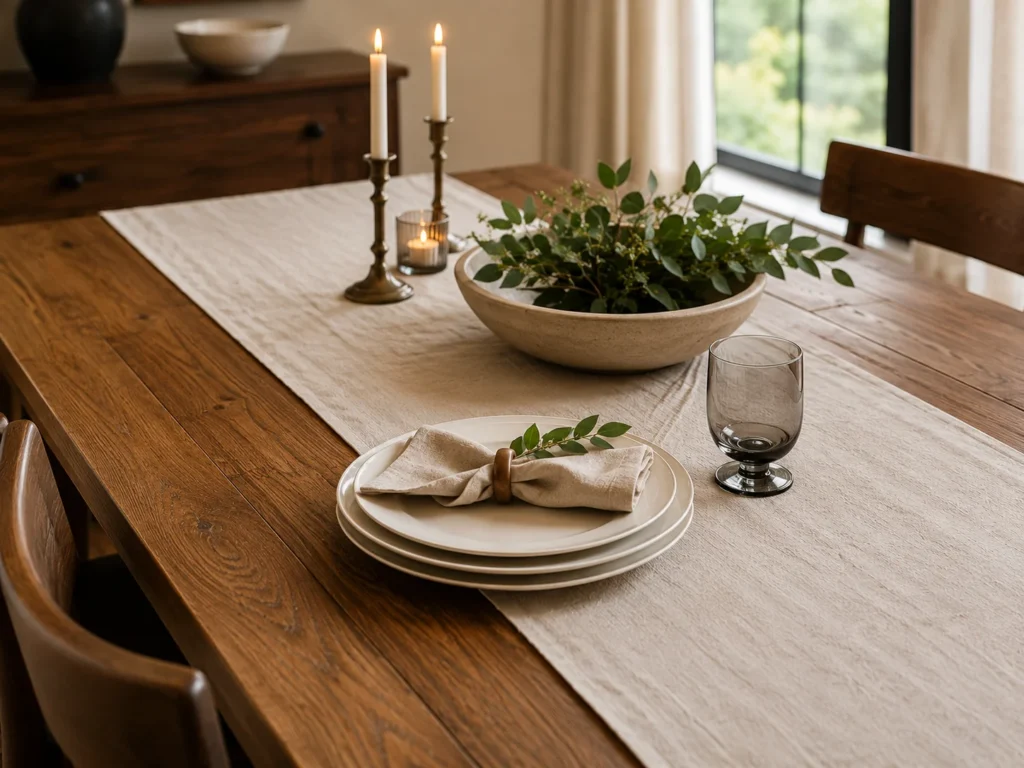 Close-up of a rustic wood farmhouse dining table styled with a linen table runner, stacked cream ceramic plates with a folded linen napkin and sprig of greenery, a smoked glass tumbler, stone dough bowl centerpiece with fresh eucalyptus, and brass candlesticks in the background
