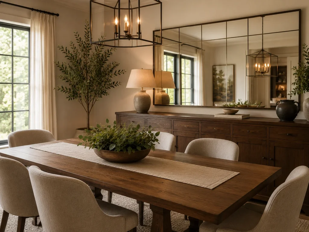 Cozy modern dining room with a dark walnut trestle table, cream upholstered barrel chairs, an iron lantern chandelier, a large grid-pane mirror above a dark wood sideboard, a tall olive tree, and a greenery bowl centerpiece bathed in natural light