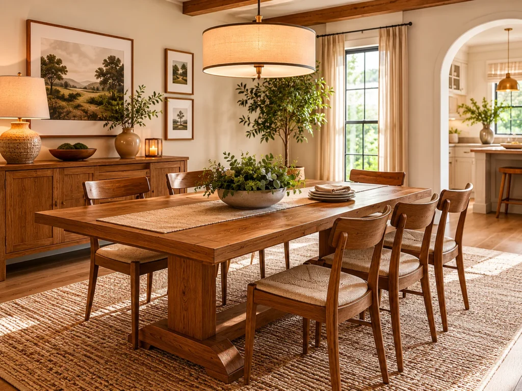 Spacious modern farmhouse dining room featuring a chunky solid oak trestle table, wood-and-rattan dining chairs, a large linen drum pendant, jute rug, wood sideboard with ceramic lamp and candle lantern, framed landscape art, and a greenery centerpiece bowl