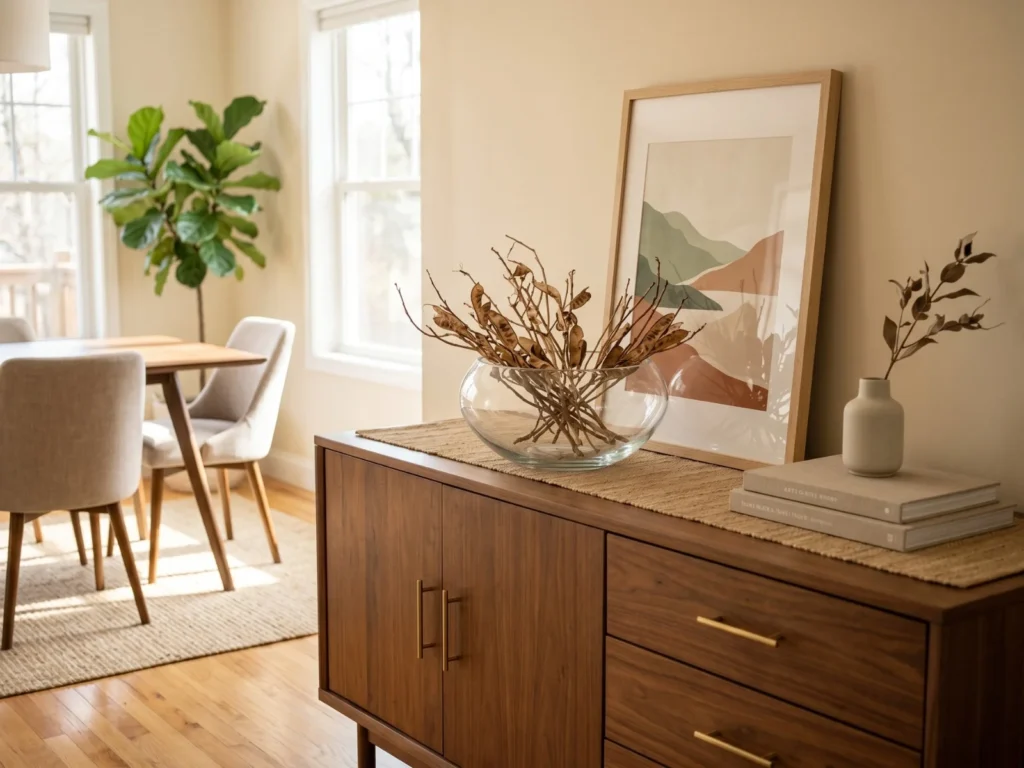 DIY-styled mid-century modern dining room sideboard vignette with a walnut credenza topped with a glass bowl of dried branches, a leaning abstract art print in a natural wood frame, a small white ceramic bud vase, and stacked coffee table books, with a round dining set and fiddle leaf fig visible in the background