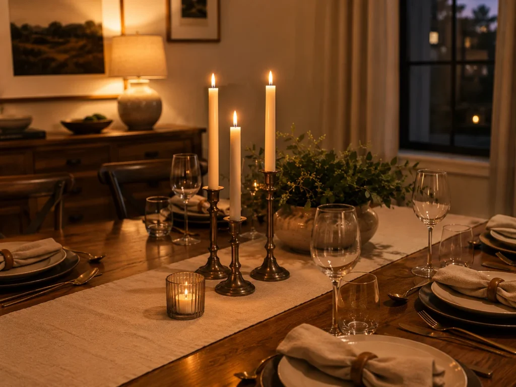 Elegant candlelit dining table at dusk with three tall white taper candles in antique brass candlesticks, a votive candle, wine glasses, linen napkins, gray stoneware plates, gold flatware, and a potted greenery centerpiece casting a warm amber glow across the room