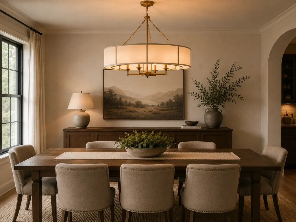 Classic dining room centered on a large gold drum chandelier with fabric shade hanging above a dark wood rectangular table with six beige linen upholstered chairs on a jute rug, flanked by a wood sideboard with ceramic lamp and framed landscape painting