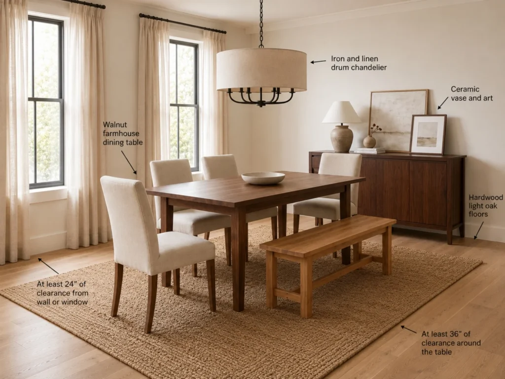 Spacious well-proportioned dining room showing a complete furniture layout with a rectangular walnut dining table centered under a statement chandelier, upholstered chairs on both long sides, a wooden bench on one end, a sideboard along the back wall, and a large area rug anchoring the entire arrangement on light hardwood floors