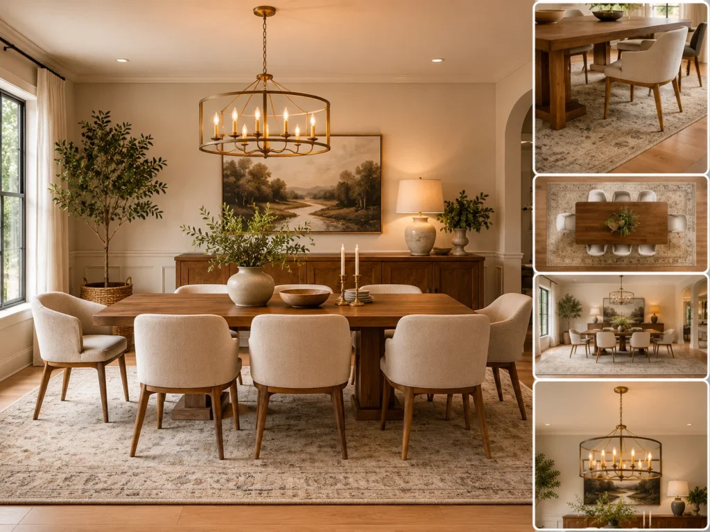 Dining room proportion guide collage showing a full view of a styled farmhouse dining room with a gold ring chandelier, cream barrel chairs, and walnut trestle table alongside top-down, wide-angle, and close-up reference shots illustrating proper rug size, table clearance, and chandelier height proportions