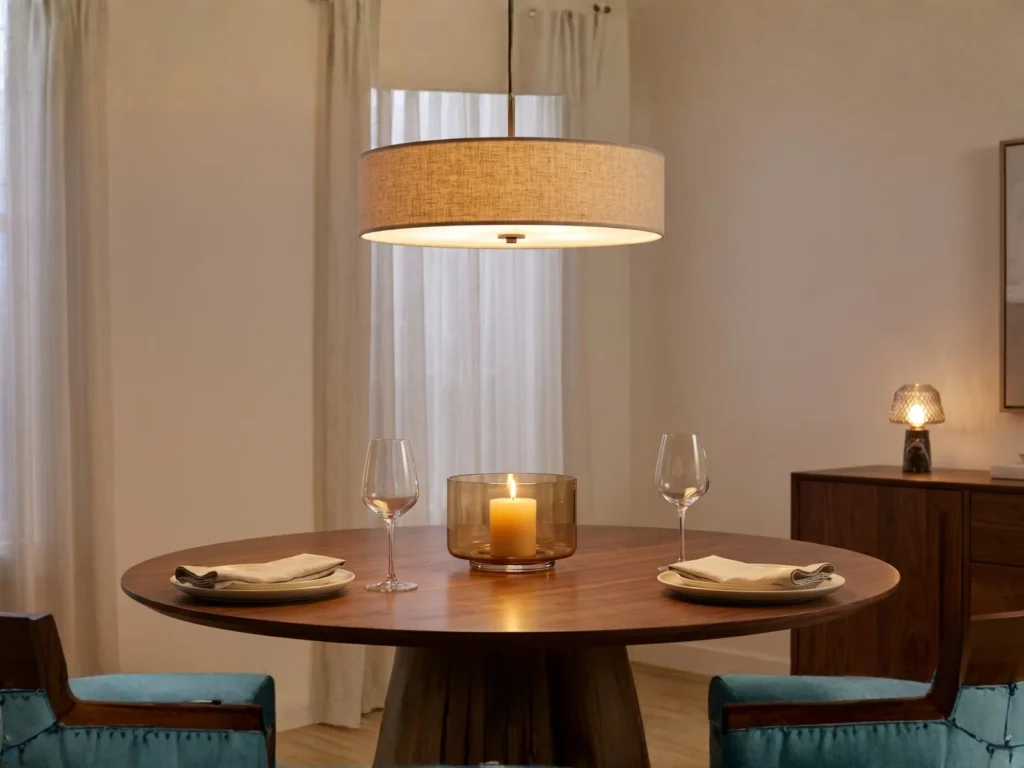 Round dining table under a matching round pendant light in a warmly lit dining room, with a low glass hurricane candle holder glowing at the center of the table, reflecting light off wine glasses and ceramic plates, demonstrating how round fixtures echo round table shapes for a cohesive modern dining room look