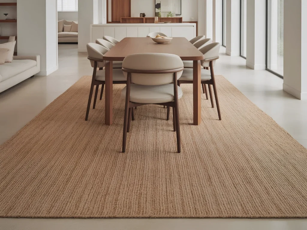 Bright open-plan dining room showing correct rug placement with a large natural jute area rug fully extending beyond all chair legs around a walnut rectangular dining table with cream leather-seat chairs, demonstrating the 24-inch rule for dining room rug sizing