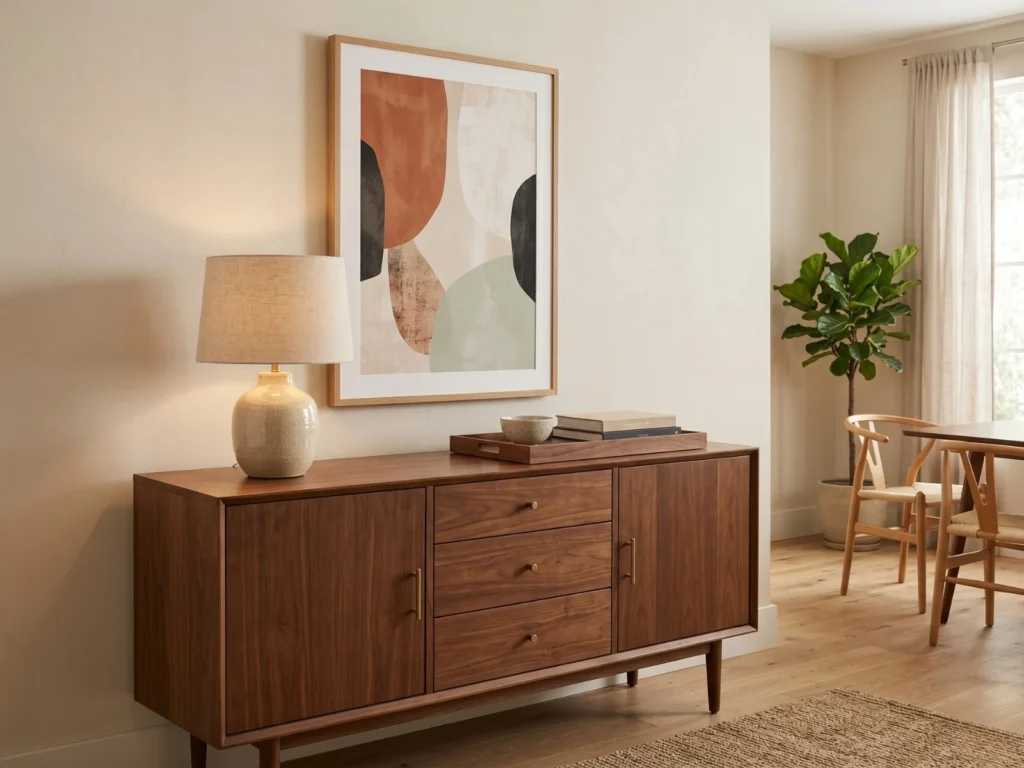 Mid-century modern walnut sideboard styled with a ceramic table lamp, a decorative tray with small bowl and stacked books, under a large abstract art print with terracotta and black tones in a natural wood frame, with a fiddle leaf fig and wishbone chairs from the adjoining dining area visible