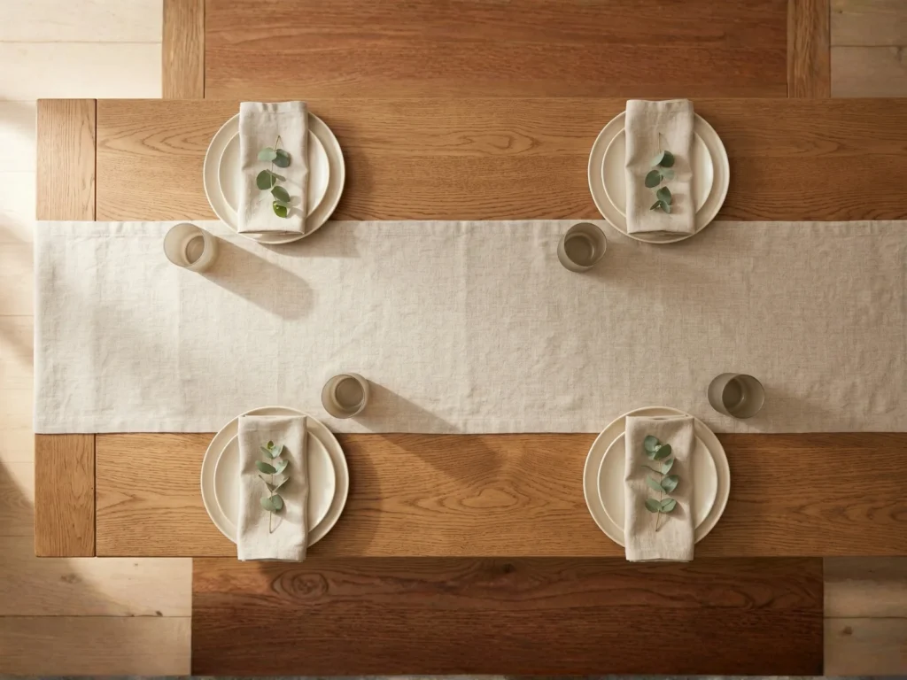 Overhead view of a long rustic wood farmhouse dining table styled with a natural linen table runner centered on the grain, flanked by simple ceramic plates, linen napkins, and small greenery sprigs, with several inches of wood visible on each side of the runner
