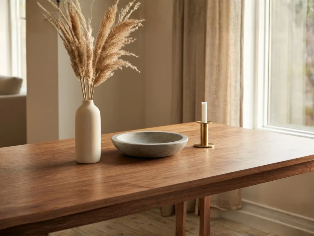 Styled dining table using the 3-object rule featuring a tall slender ceramic vase with dried pampas stems, a round low stone bowl, and a small pillar candle on a brass holder, arranged in a triangular composition on a walnut wood dining table with natural light from a nearby window