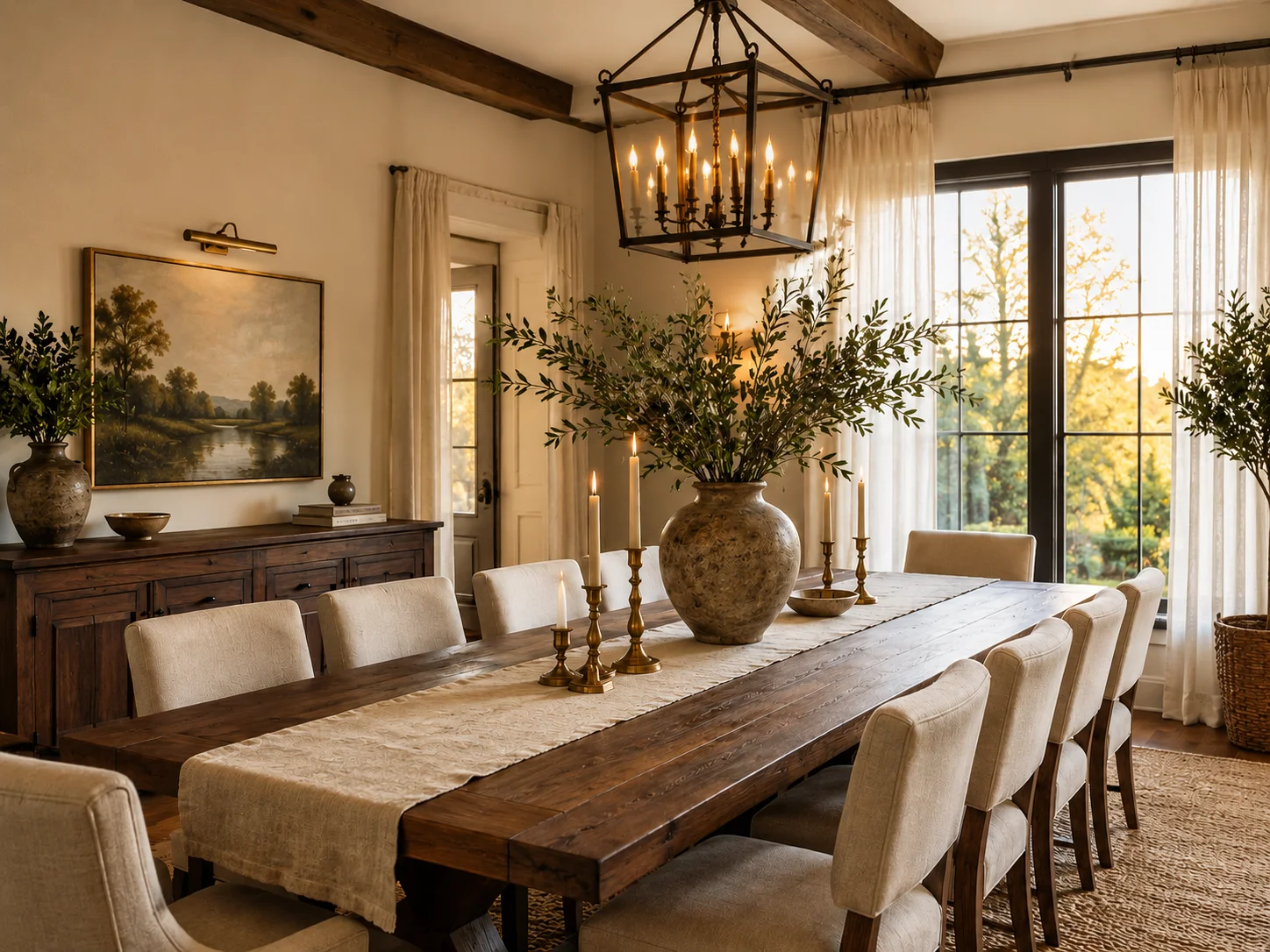 Featured image for 22 Dining Room Decor Ideas article showing a stunning modern farmhouse dining room with a long reclaimed wood farm table, ten cream linen upholstered chairs, brass candlesticks with lit taper candles, a large aged stone vase overflowing with olive branches, a linen table runner, dark wood sideboard with landscape oil painting, exposed wood ceiling beams, iron lantern chandelier, and floor-to-ceiling windows overlooking lush greenery